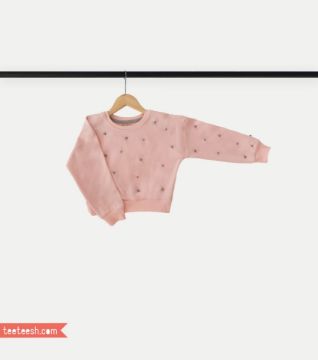 تصویر  بلوز آستین بلند صورتی با مروارید نقره ای