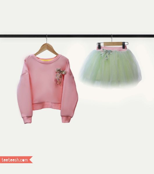 تصویر  ست بلوز صورتی با پاپیون گلدار