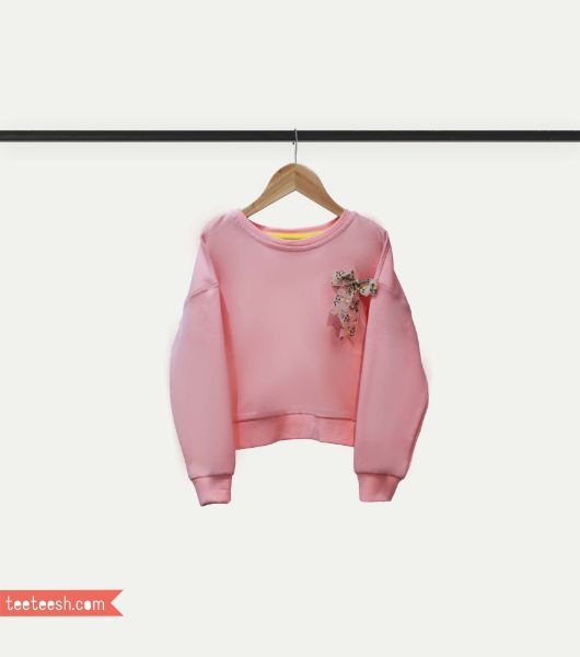 تصویر  بلوز آستین بلند صورتی با پاپیون گلدار